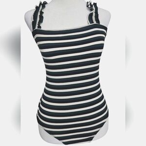 WISHLIST Teal/black/white ribbed sleeveless ruffle strap bodysuit.Size Small NWT